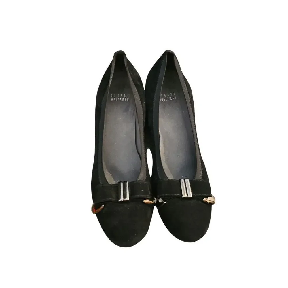 Stuart Weitzman sz 8 black suede low heel bow pump heels SH340